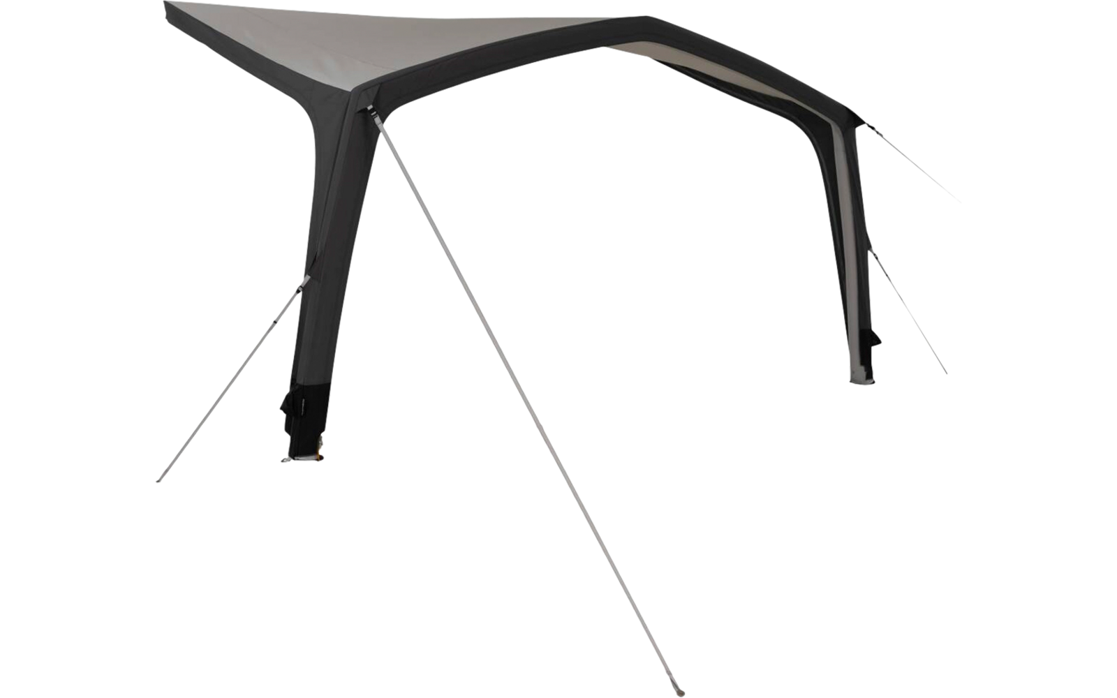 Open freestanding structure with gray canopy, black frame, and tensioned guy lines on a white background