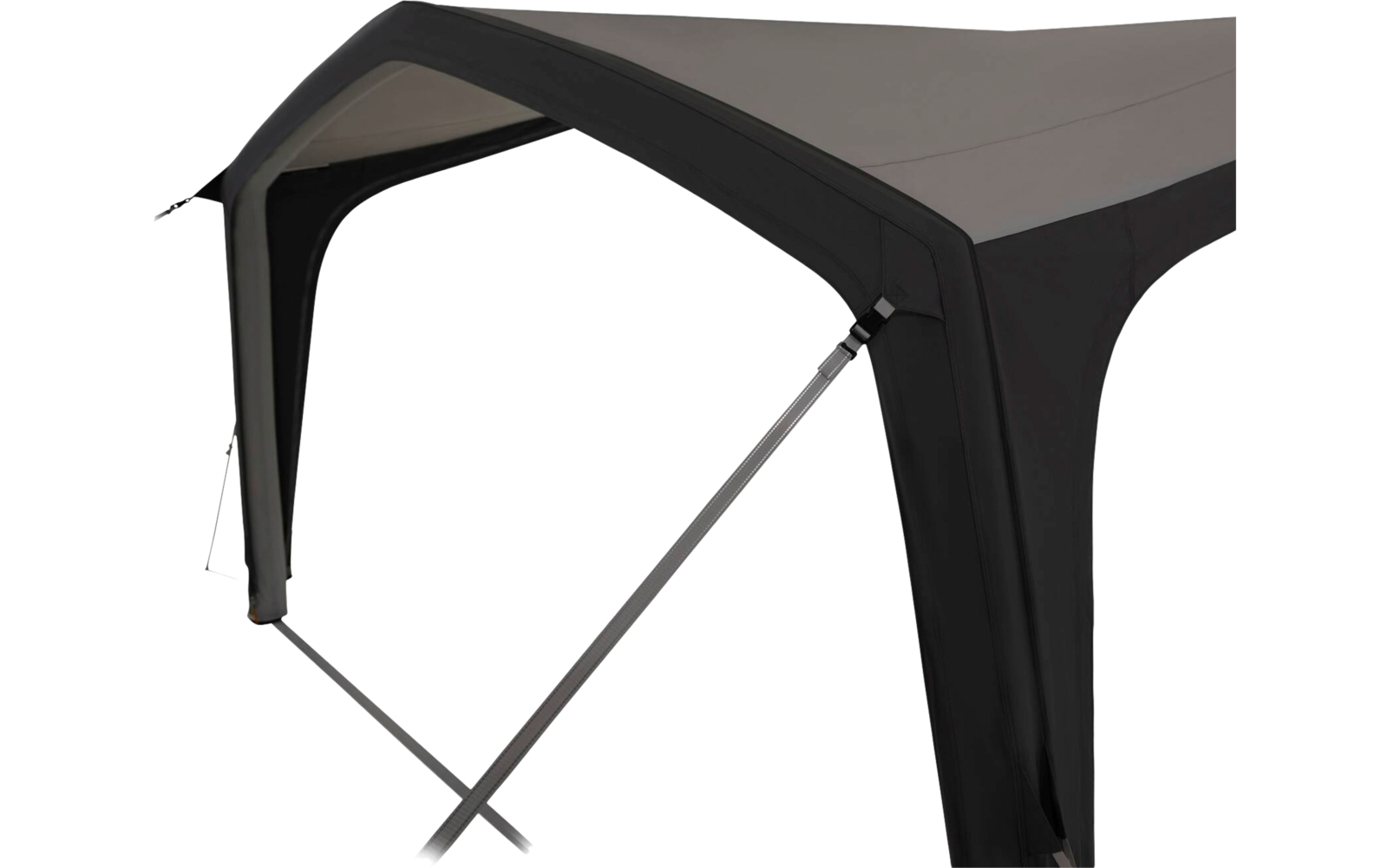 Black fabric covering with arched roof, open entrance, visible metal support bar with strap and crossed frame on white background