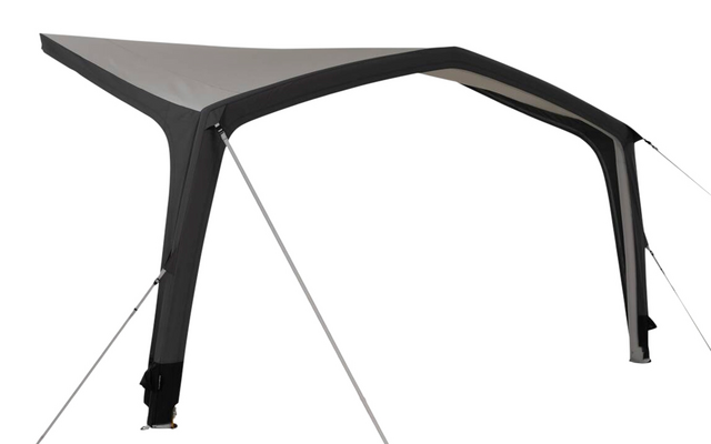 Estructura autoportante abierta con toldo gris, armazón negro y cables tensores sobre fondo blanco
