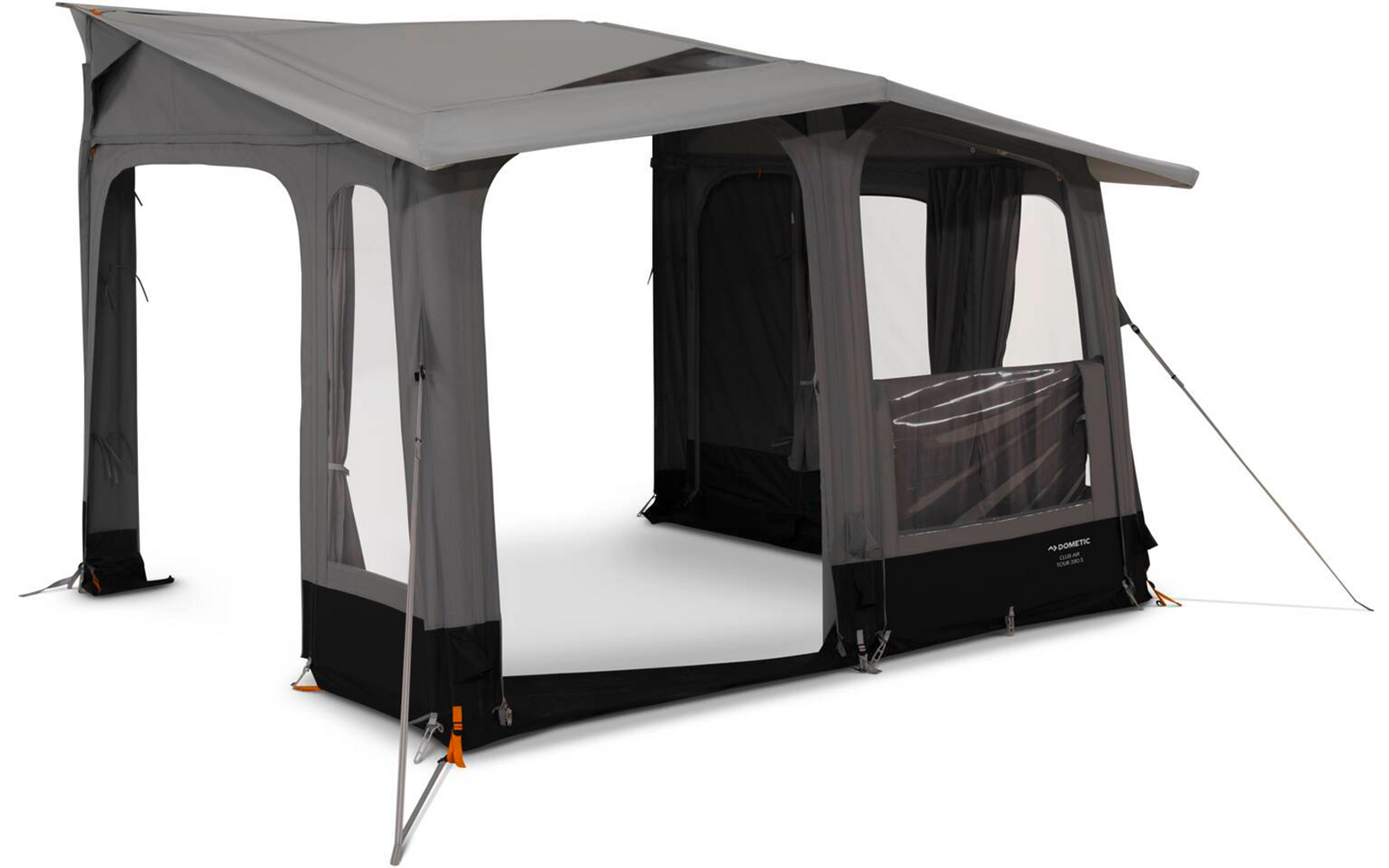 Graues freistehendes Zelt mit geneigtem Dach, vier Stützpfosten, drei offene Seiten, rechter Bereich geschlossen mit Fenster, Abspannleinen und Bodenverankerungen