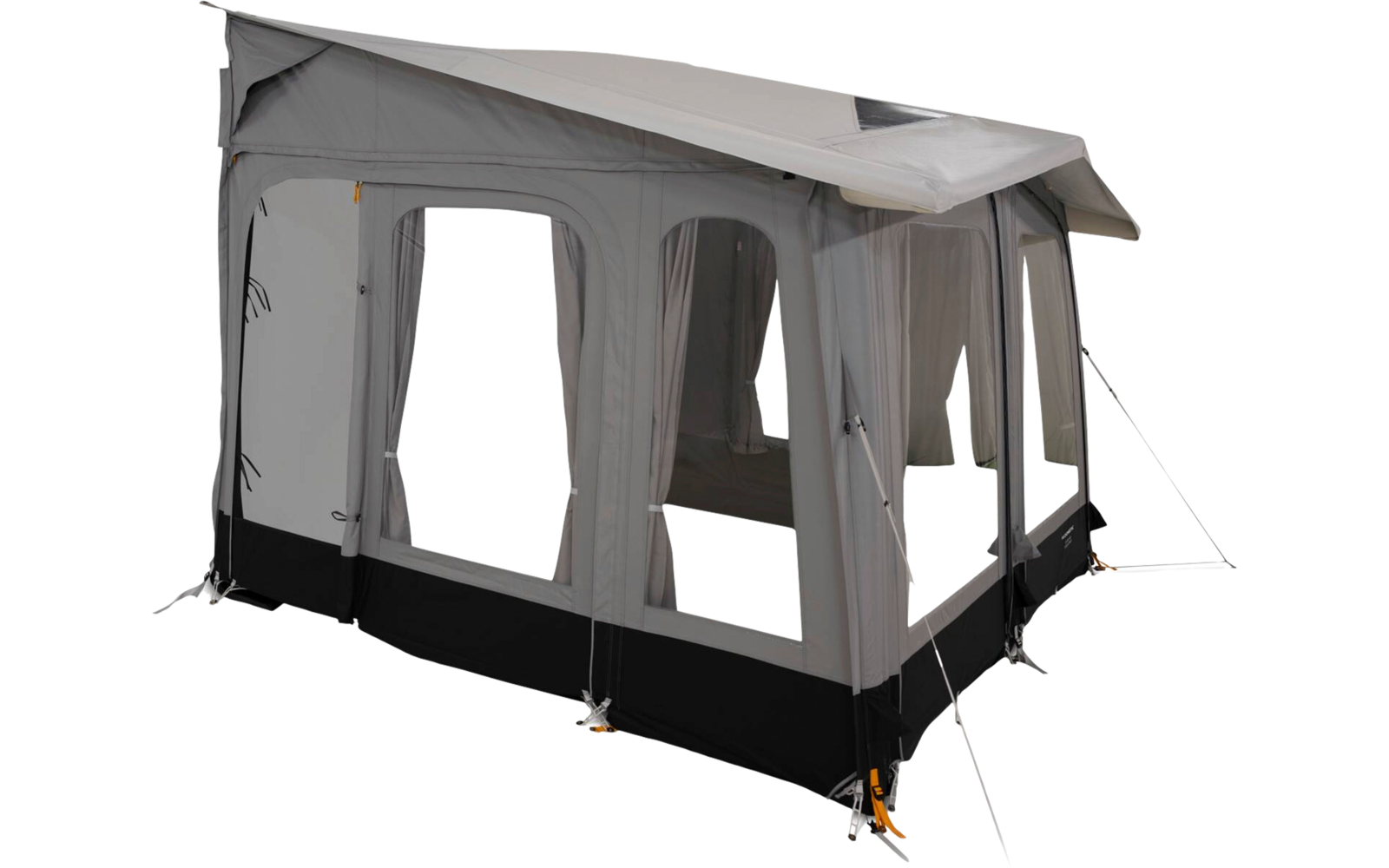Gray rectangular fabric enclosure with several large window panels and partially open curtains, black lower skirt, guy lines with orange tensioners, slanted roof with small roof window
