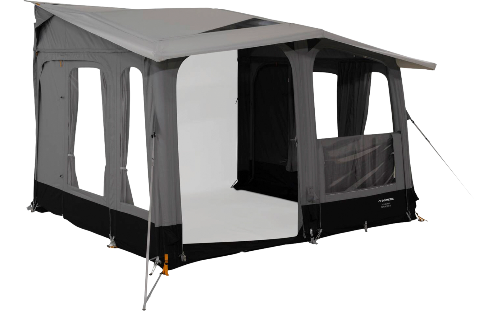 Gray camping awning with extended canopy, three side windows, open entrance, visible mesh window panel, guy lines and metal support poles