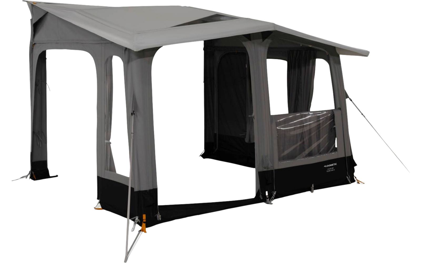 Gray freestanding tent with sloped roof, four support posts, three open sides, right section enclosed with window, guy lines and ground anchors