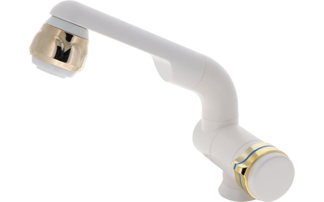 Weißer Wasserhahn mit geschwungenem Auslauf und goldfarbenen Akzenten