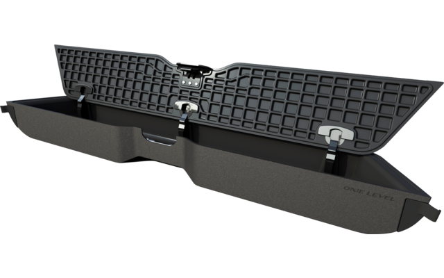 Schwarzes, rechteckiges Kunststoffgerät mit geöffnetem Deckel und sichtbarem Scharnier