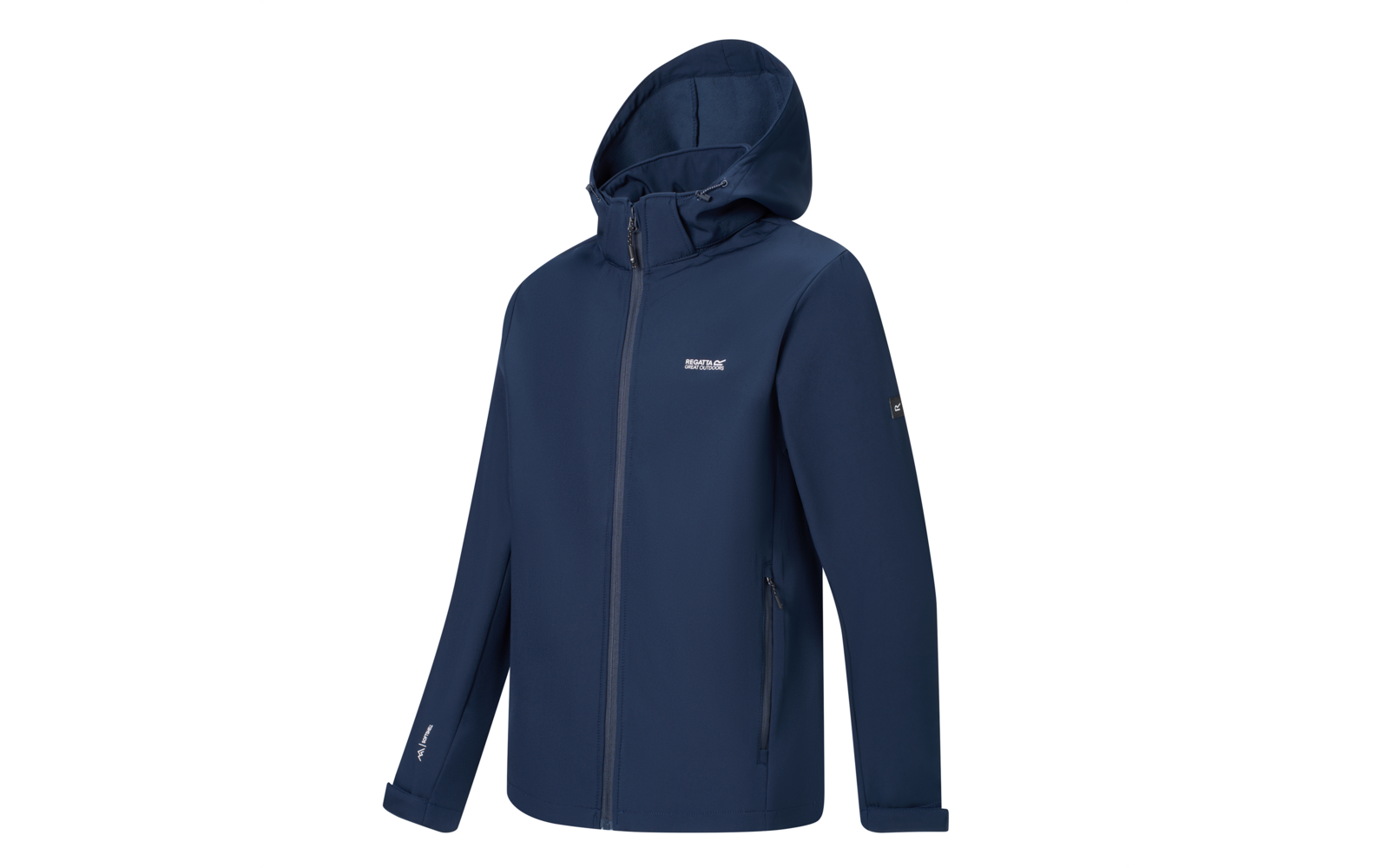 Dunkelblaue Jacke mit Kapuze, durchgehendem Reißverschluss, zwei Reißverschlusstaschen und kleinem Logo auf der Brust, weißer Hintergrund