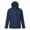 Dunkelblaue Softshelljacke mit Kapuze, Frontalansicht, Reißverschluss geschlossen, zwei seitliche Reißverschlusstaschen, weißes Logo auf Brust und Ärmel, weißer Hintergrund
