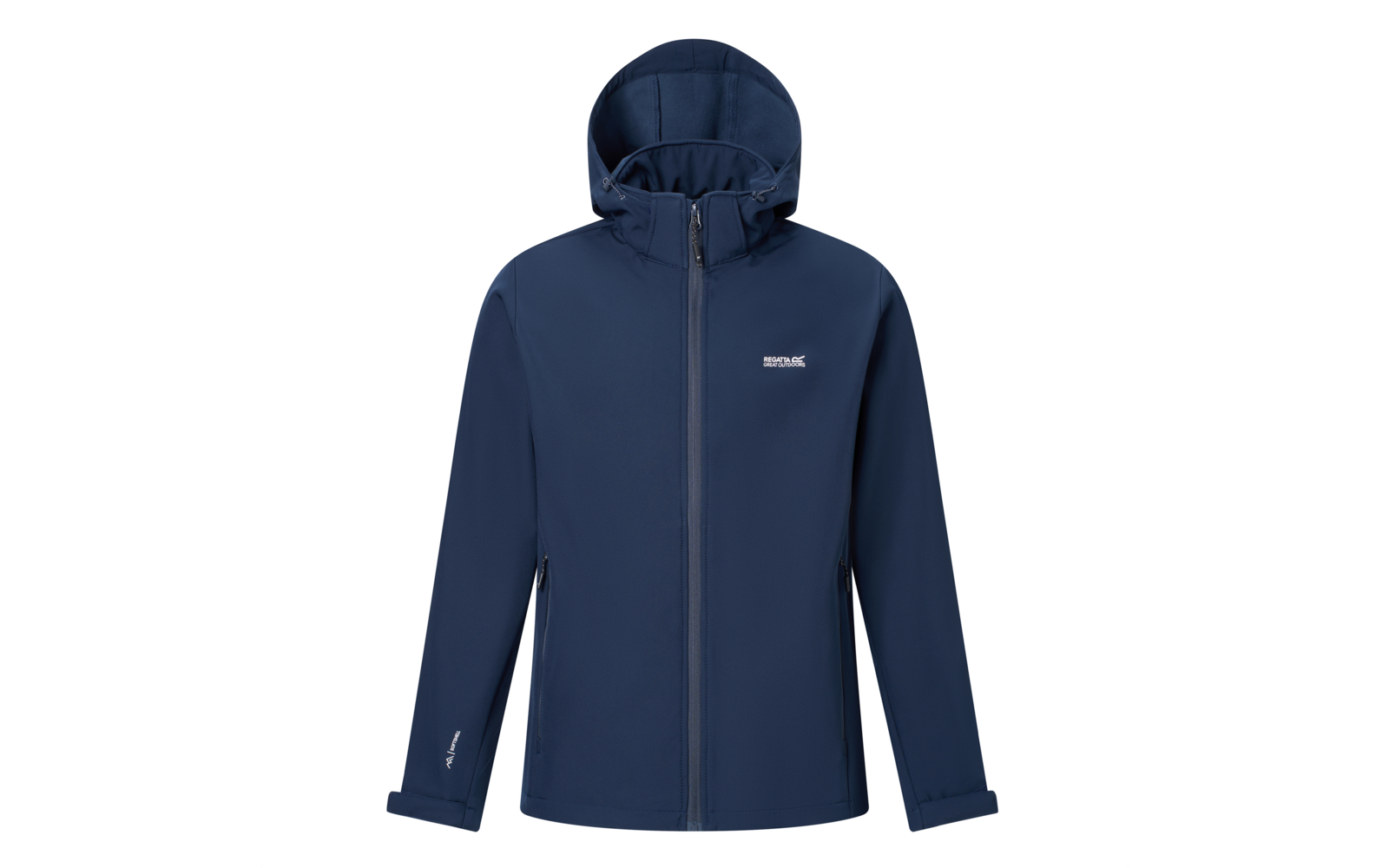 Dunkelblaue Softshelljacke mit Kapuze, Frontalansicht, Reißverschluss geschlossen, zwei seitliche Reißverschlusstaschen, weißes Logo auf Brust und Ärmel, weißer Hintergrund