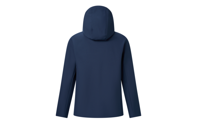 Rückansicht einer dunkelblauen Kapuzenjacke auf weißem Hintergrund