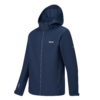 Dunkelblaue Jacke mit Kapuze, durchgehendem Reißverschluss, zwei Reißverschlusstaschen und kleinem Logo auf der Brust, weißer Hintergrund