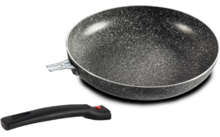Pfanne mit grauem, gesprenkeltem Innenraum; schwarzer, abgetrennter Griff liegt daneben auf weißem Hintergrund