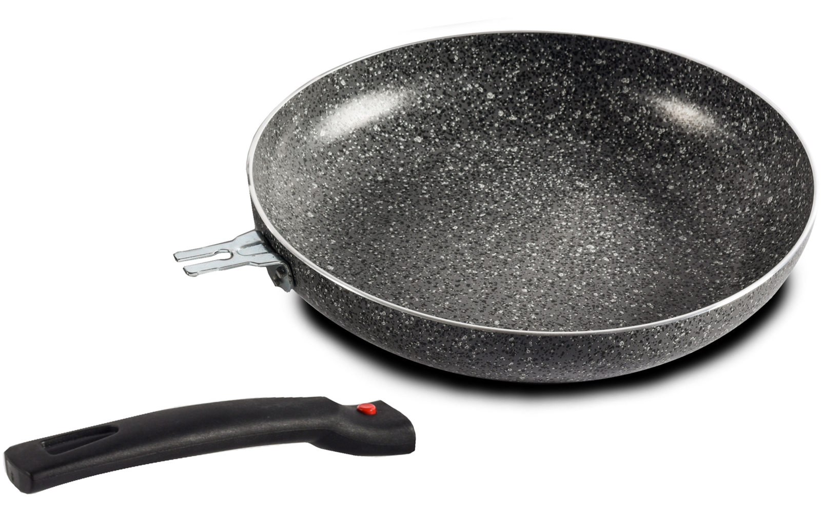 Pan met grijs gespikkeld binnenoppervlak; los zwart handvat ligt ernaast op een witte achtergrond
