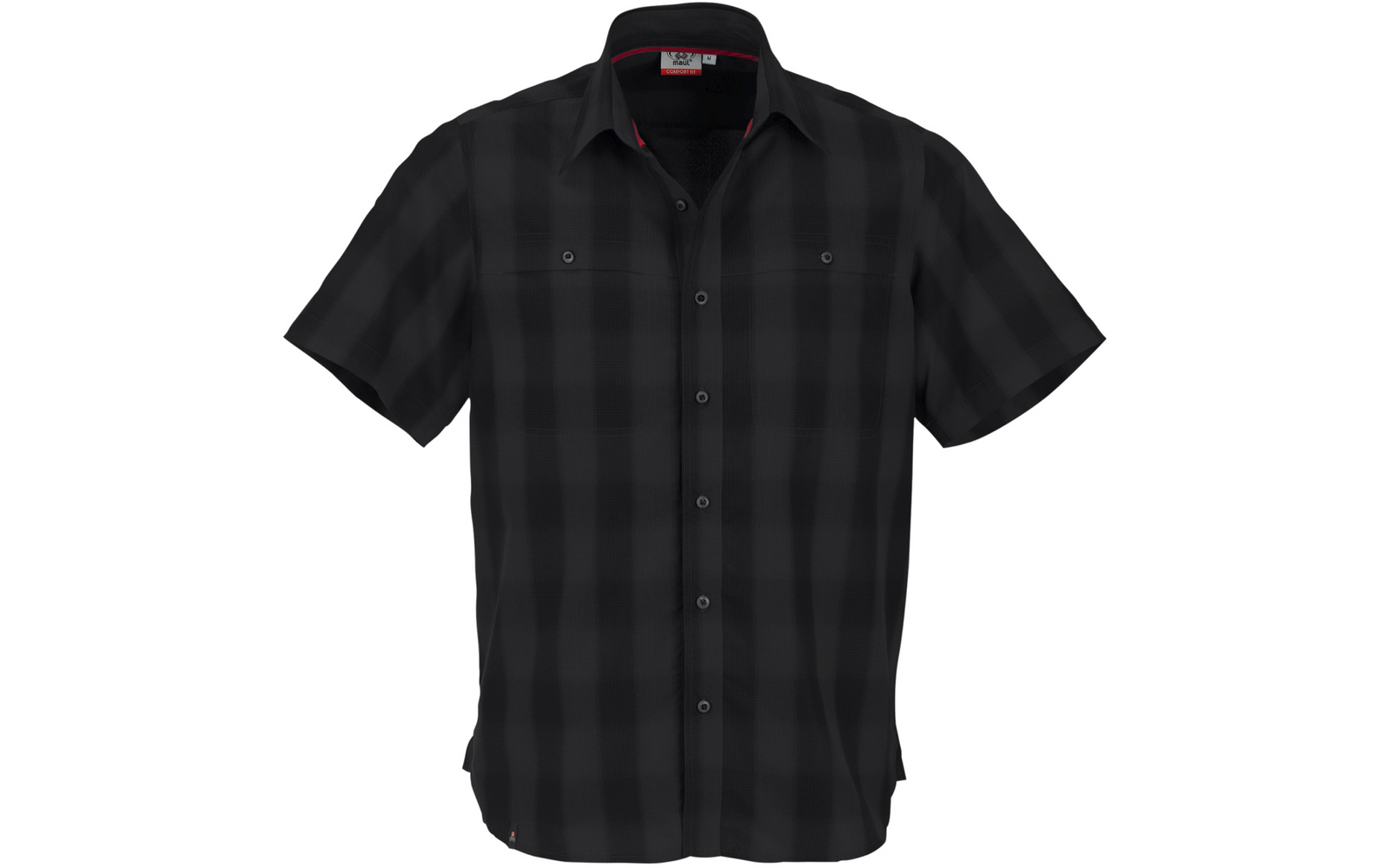 Zwart kort mouw overhemd met knoopsluiting, subtiel ruitpatroon, twee borstzakken en rode binnenrand van de kraag