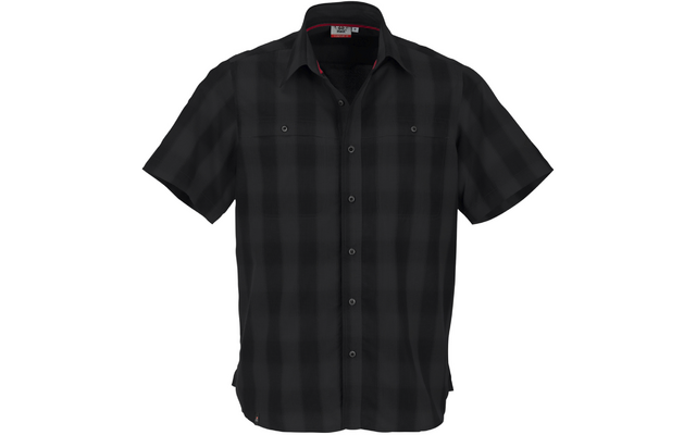 Zwart kort mouw overhemd met knoopsluiting, subtiel ruitpatroon, twee borstzakken en rode binnenrand van de kraag