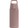 Matte rosa Flasche mit Tragegriff, Klappverschluss und "SIGG"-Logo an der Unterseite