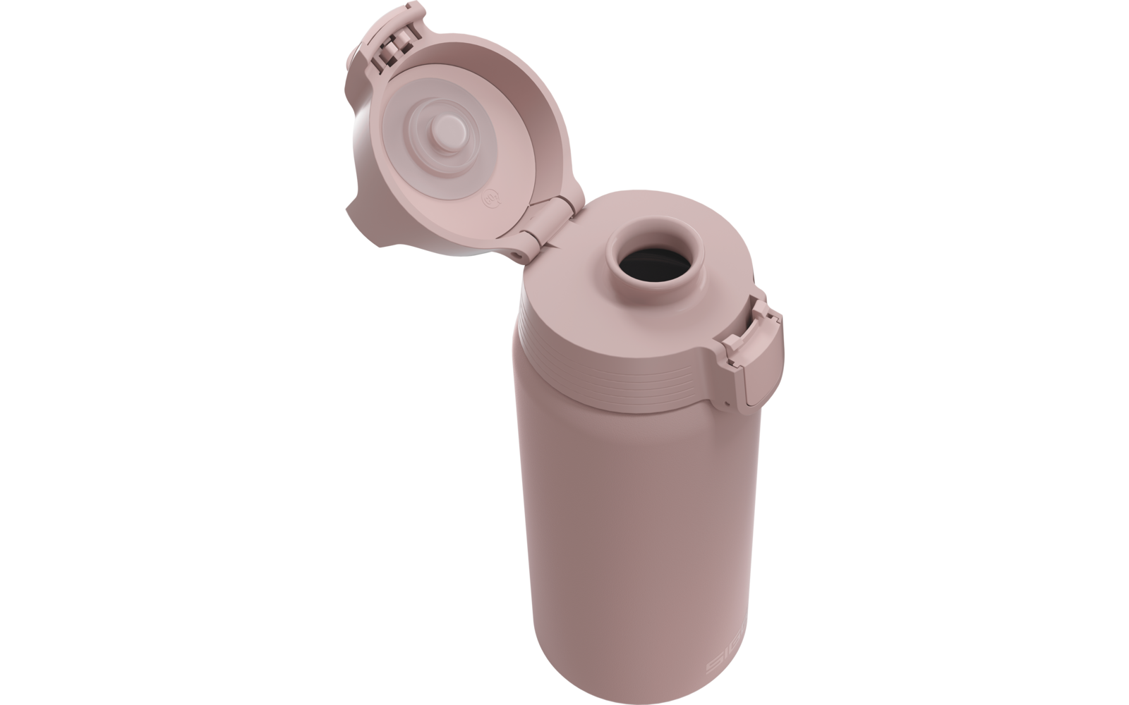 Rosa zylindrische Trinkflasche mit geöffnetem Klappdeckel und sichtbarer Öffnung