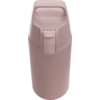 Rosa-mauve Trinkflasche mit rundem Körper, Klappdeckel mit Druckknopf, seitliche Rillen und eingeprägtes 'SIGG'-Logo