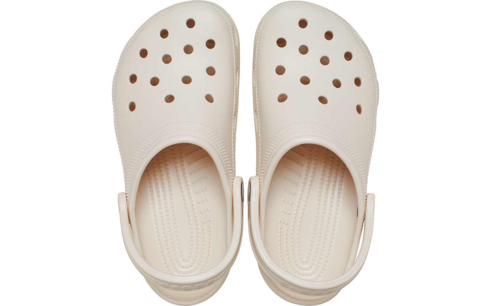 Paar beige Clogs aus Kunststoff, Draufsicht; je Schuh mehrere runde Belüftungsöffnungen, geformte Innensohle und Rückriemen