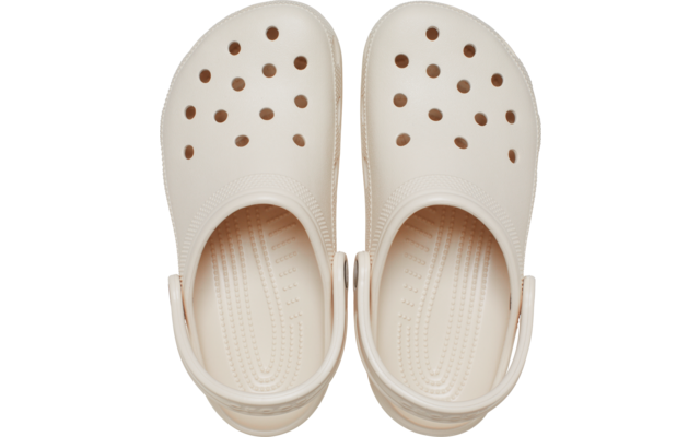 Paar beige Clogs aus Kunststoff, Draufsicht; je Schuh mehrere runde Belüftungsöffnungen, geformte Innensohle und Rückriemen