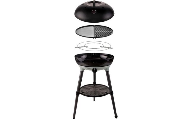 Zwarte ronde houtskoolgrill met los deksel erboven, ronde rooster, kolenschaal, drie poten en onderrek
