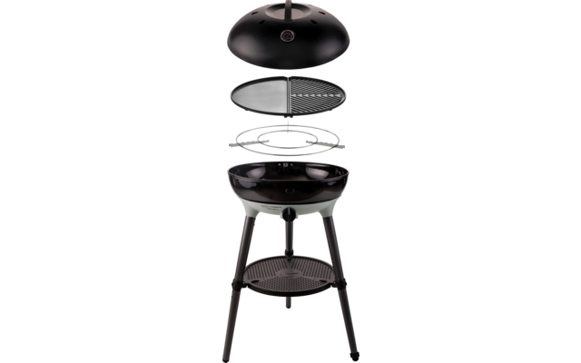 Parrilla redonda negra de carbón con tapa separada encima, rejilla circular, cuba para carbón, tres patas y estante inferior