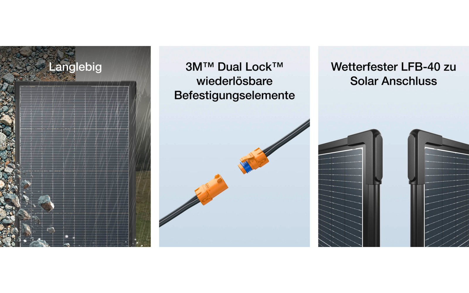 Drei Bilder mit Solarmodulen und Zubehör. Links ein längliches Solarmodul auf Steinen, Mitte 3M Dual Lock Befestigungselemente, rechts ein wetterfester LFB-40 Solaranschluss