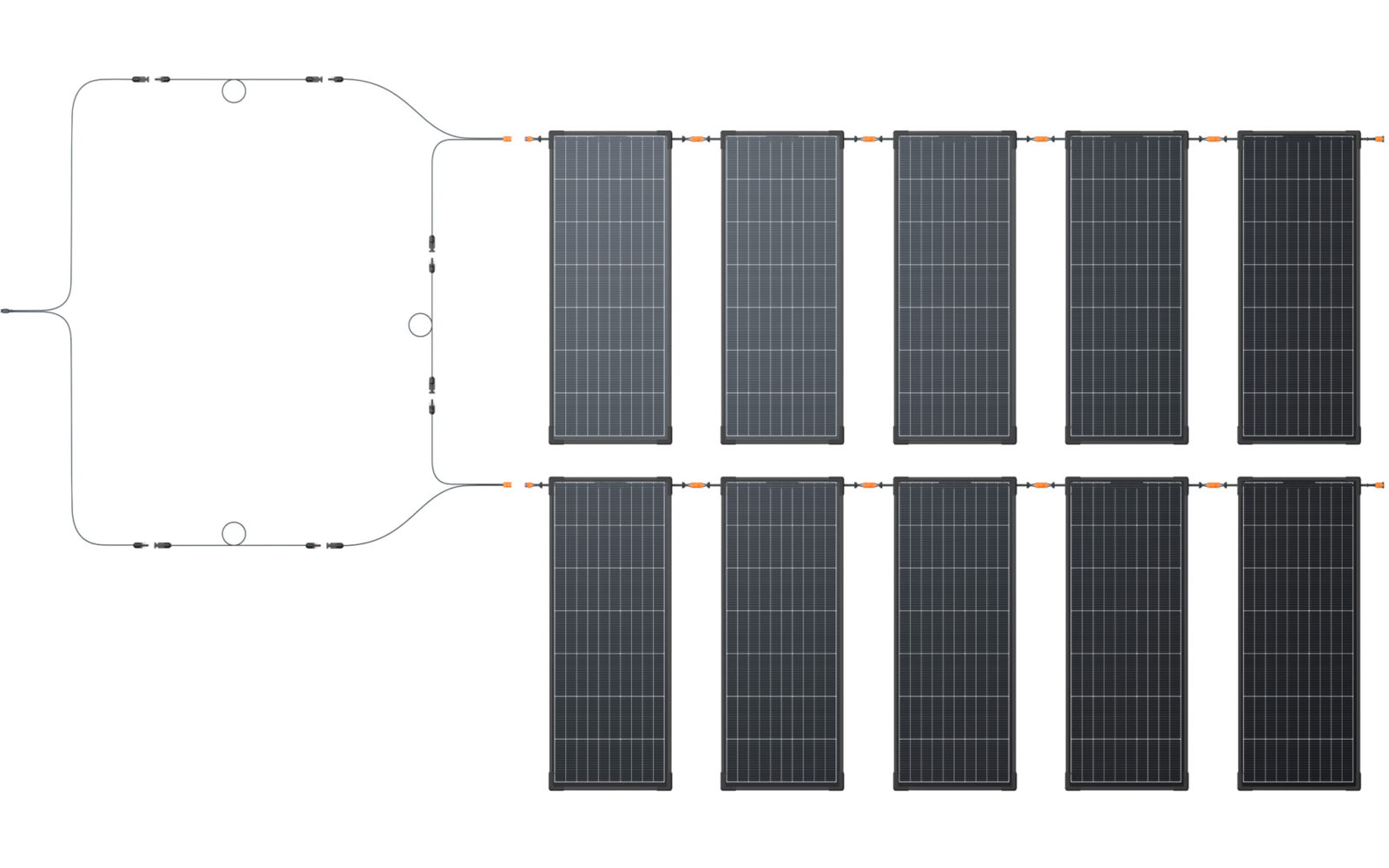 Grafische Darstellung einer rechteckigen Fläche mit zehn gleich großen, dunkelblauen Solarmodulen in zwei Reihen