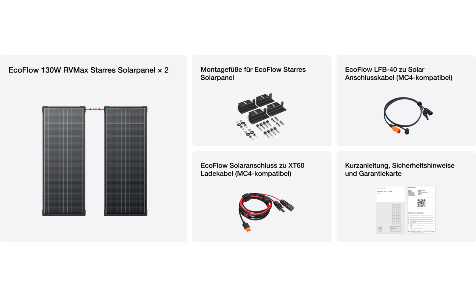 Zwei rechteckige Solarpanels nebeneinander, begleitet von Montagefüßen, Anschlusskabeln und einer Kurzanleitung mit Sicherheits- und Garantiekarte