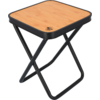 Small folding stool with black metal frame and square wooden seat
