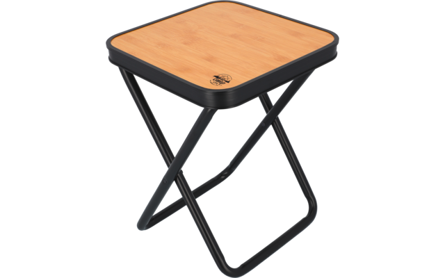 Small folding stool with black metal frame and square wooden seat