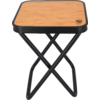 Small square folding table with black metal frame and light brown wooden top