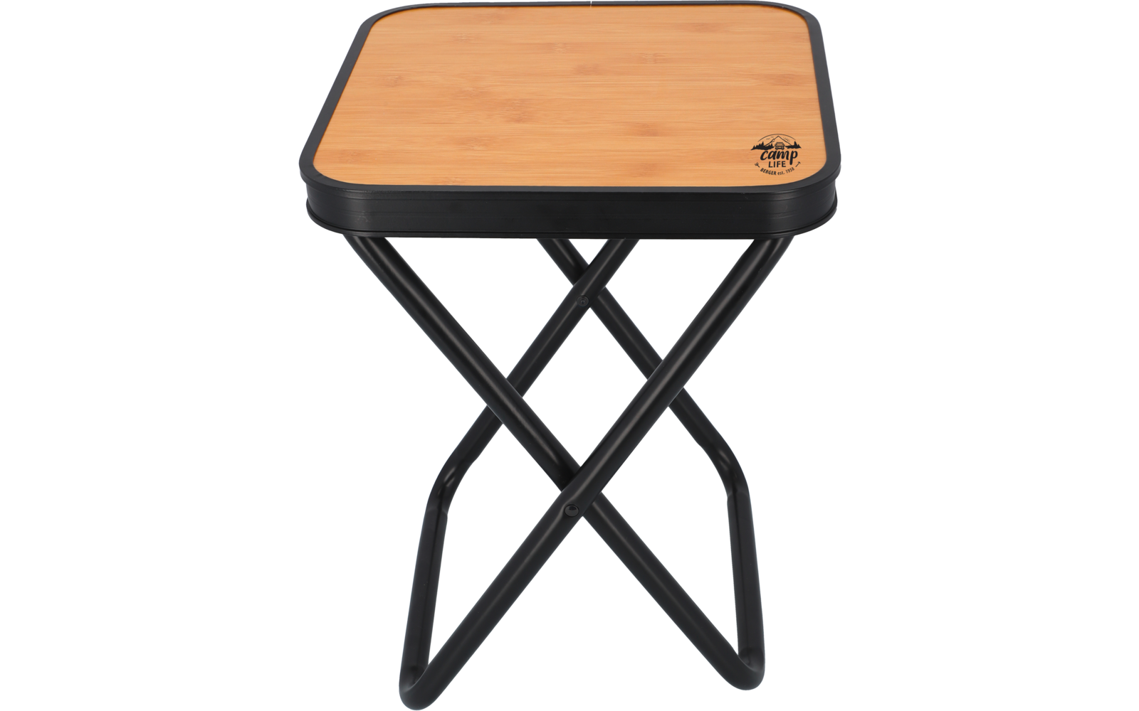 Small square folding table with black metal frame and light brown wooden top