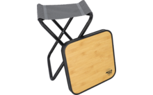 Folding stool with black metal frame and square wooden seat