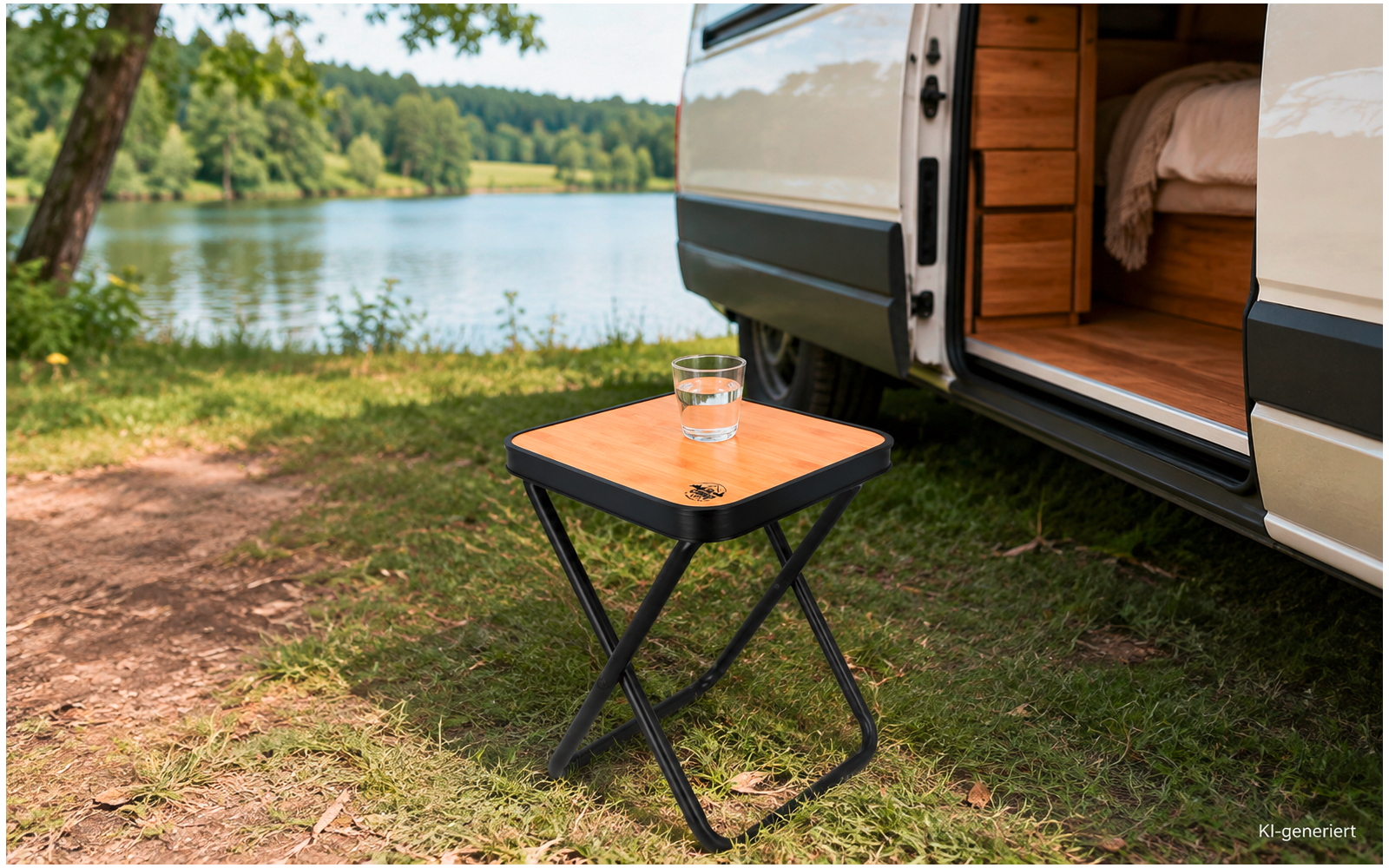 Kleiner Klapptisch mit Glas Wasser neben offenem Campingvan, sichtbares Bett im Innenraum, Grasboden und See mit Baumreihe im Hintergrund