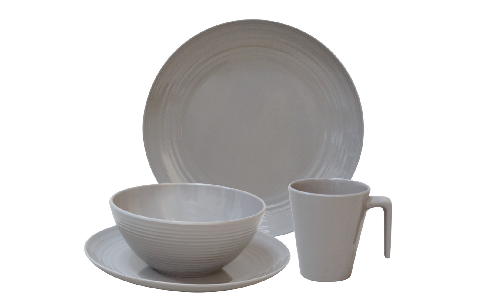 Weißes Geschirrset bestehend aus einem Teller, einer Schüssel und einer Tasse mit Henkel