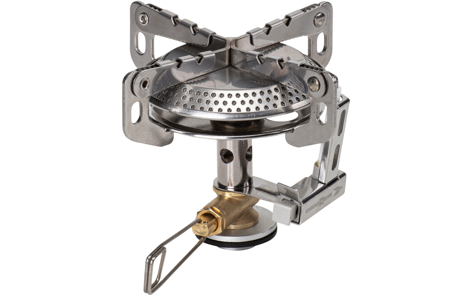 Kleine inklapbare metalen brander met ronde geperforeerde branderkop, drie opvouwbare pannendragers, cilindrische steel en messingklep met schroefdraadverbinding