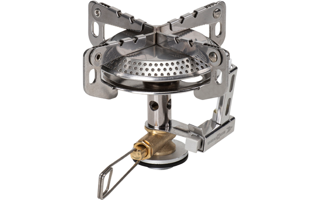 Kleine inklapbare metalen brander met ronde geperforeerde branderkop, drie opvouwbare pannendragers, cilindrische steel en messingklep met schroefdraadverbinding