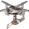 Kleine zilverkleurige camping-gasbrander met vier opvouwbare pannendragers, ronde geperforeerde branderkop, messing regelklep en aansluiting voor gaspatroon