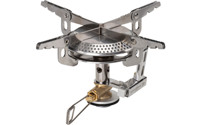 Kleine zilverkleurige camping-gasbrander met vier opvouwbare pannendragers, ronde geperforeerde branderkop, messing regelklep en aansluiting voor gaspatroon