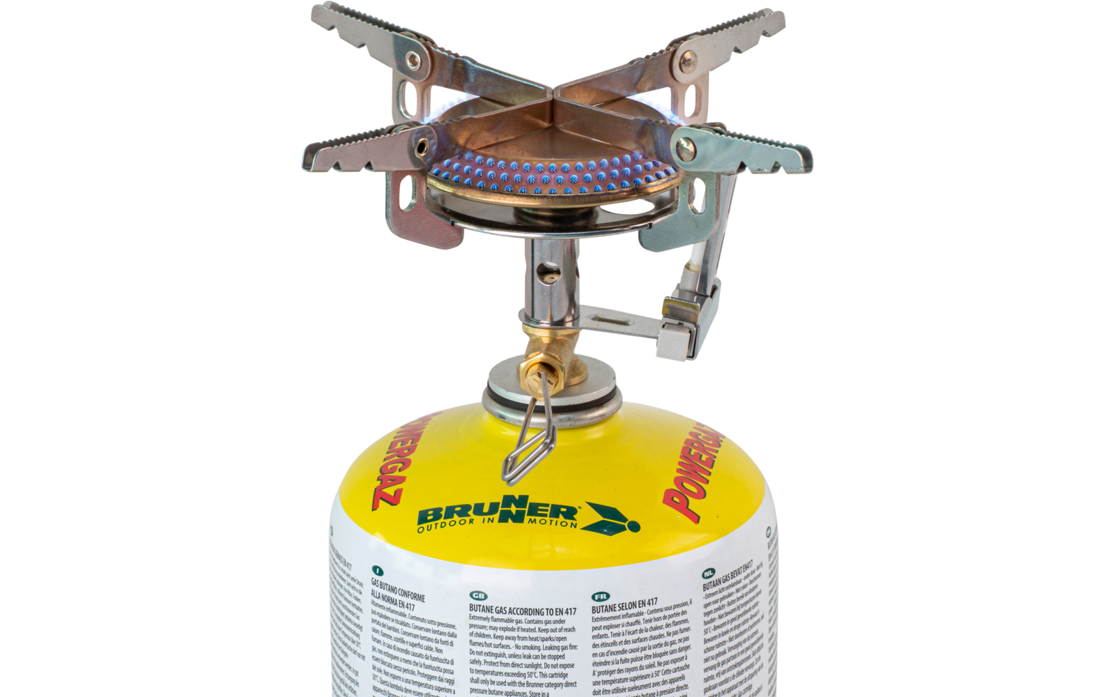 Metalen draagbare campingbrander op een gele gasbus met opschrift "BRUNNER", vier pannendragers en een zichtbare blauwe vlam