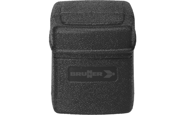 Zwarte rechthoekige etui met gestructureerd oppervlak, klep en logo 'BRUNER'