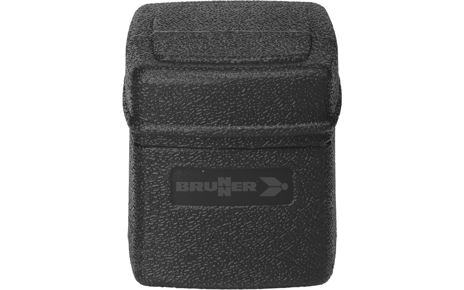 Zwarte rechthoekige etui met gestructureerd oppervlak, klep en logo 'BRUNER'