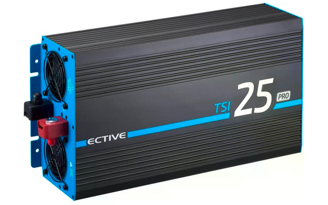 rechteckiges elektronisches Gerät mit Kühlrippen und blauen Steckanschlüssen