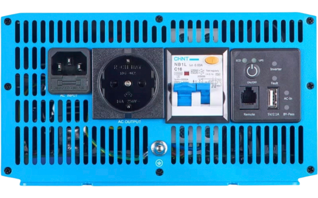 Arrière d'un appareil électronique bleu avec prise, connecteurs et interrupteurs