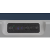 Wit apparaatgedeelte met zwart bedieningspaneel, blauw digitaal display met '68°F', knoppen 'SET', '+', '-', aan/uit-symbool links, klein groen LED-lampje