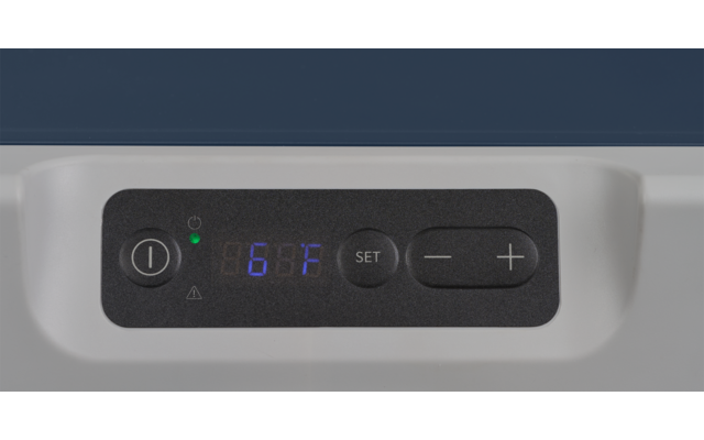 Wit apparaatgedeelte met zwart bedieningspaneel, blauw digitaal display met '68°F', knoppen 'SET', '+', '-', aan/uit-symbool links, klein groen LED-lampje