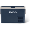 Blauwe koelbox met wit IGLOO-logo, lichtgrijs deksel, zijhandvatten en ventilatierooster rechtsonder aan de voorkant