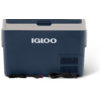 Donkerblauwe koelbox met witte 'IGLOO' opdruk, lichtgrijs deksel, ventilatierooster en zwarte stroomkabel met stekker