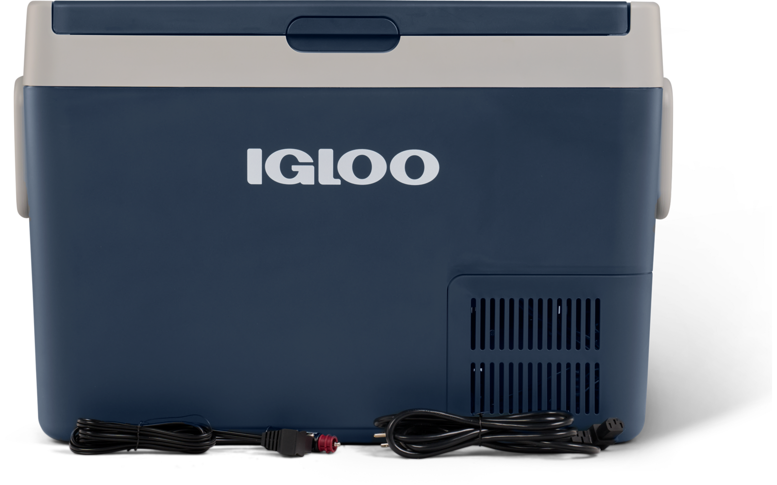 Donkerblauwe koelbox met witte 'IGLOO' opdruk, lichtgrijs deksel, ventilatierooster en zwarte stroomkabel met stekker