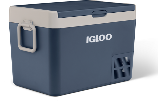 blauwgrijze kunststof koelbox met lichtgrijs deksel, zijhandgreep, ventilatierooster en witte tekst "IGLOO"